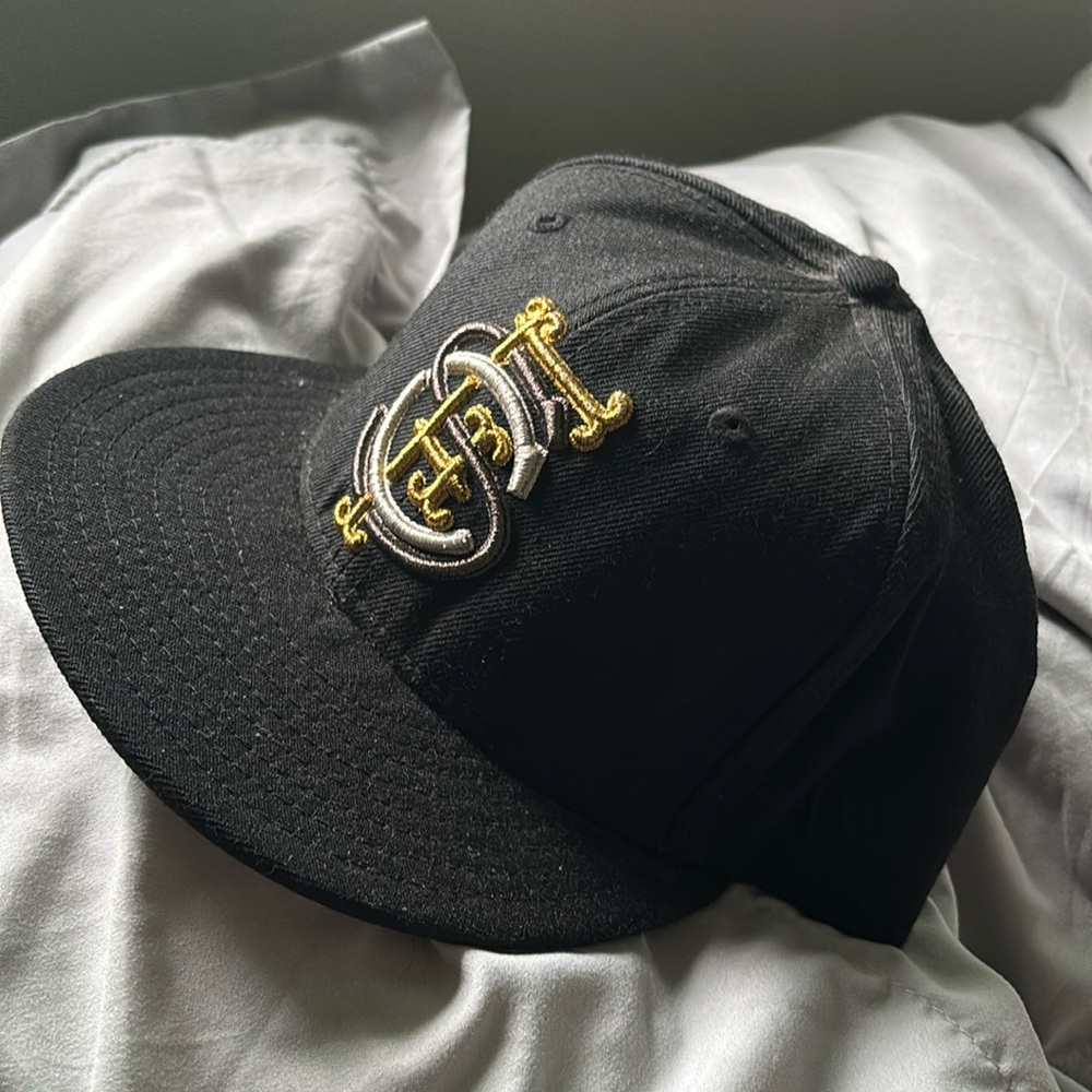 Franks chop shop fitted 7 3/4 gold black gray raised stitching, flat brim,